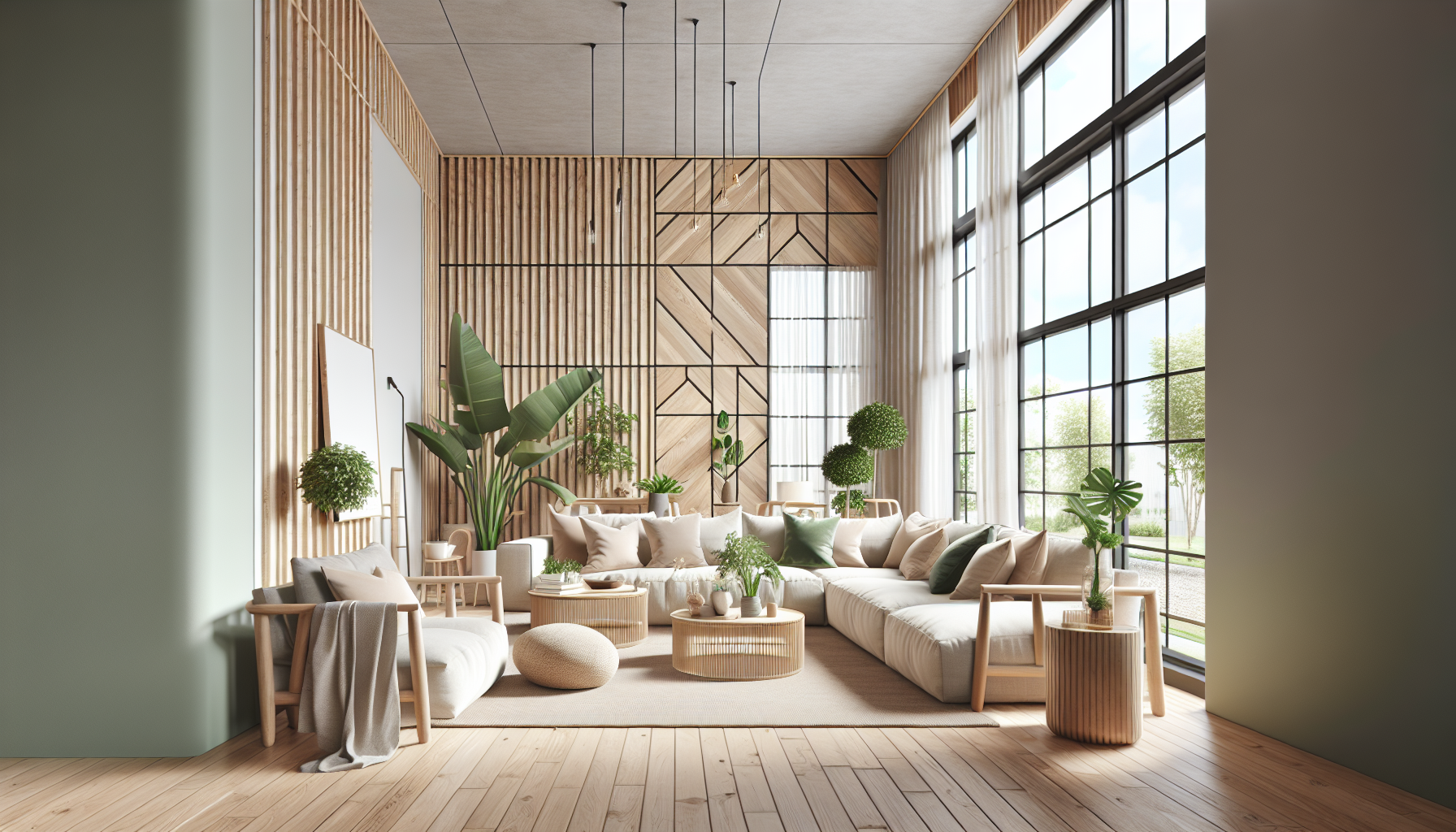Modern eco-friendly living room with sustainable furniture, bamboo decor, and indoor plants for green home design