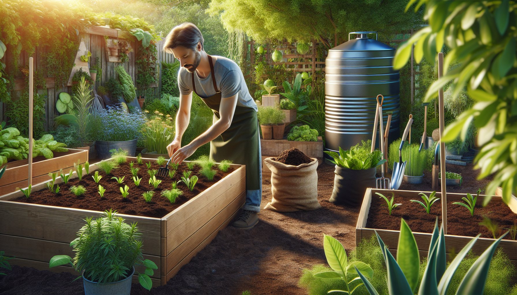 Beginner eco-friendly gardening guide with raised beds and composting