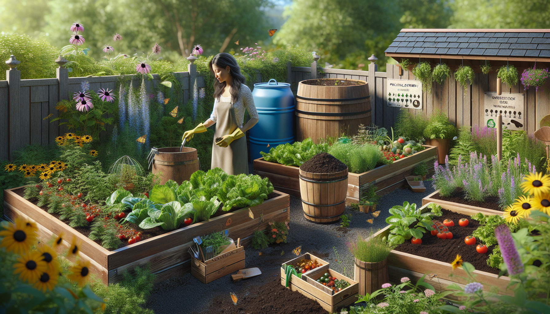 Eco-friendly garden showing raised vegetable beds, compost bin, rain barrel, and native plants