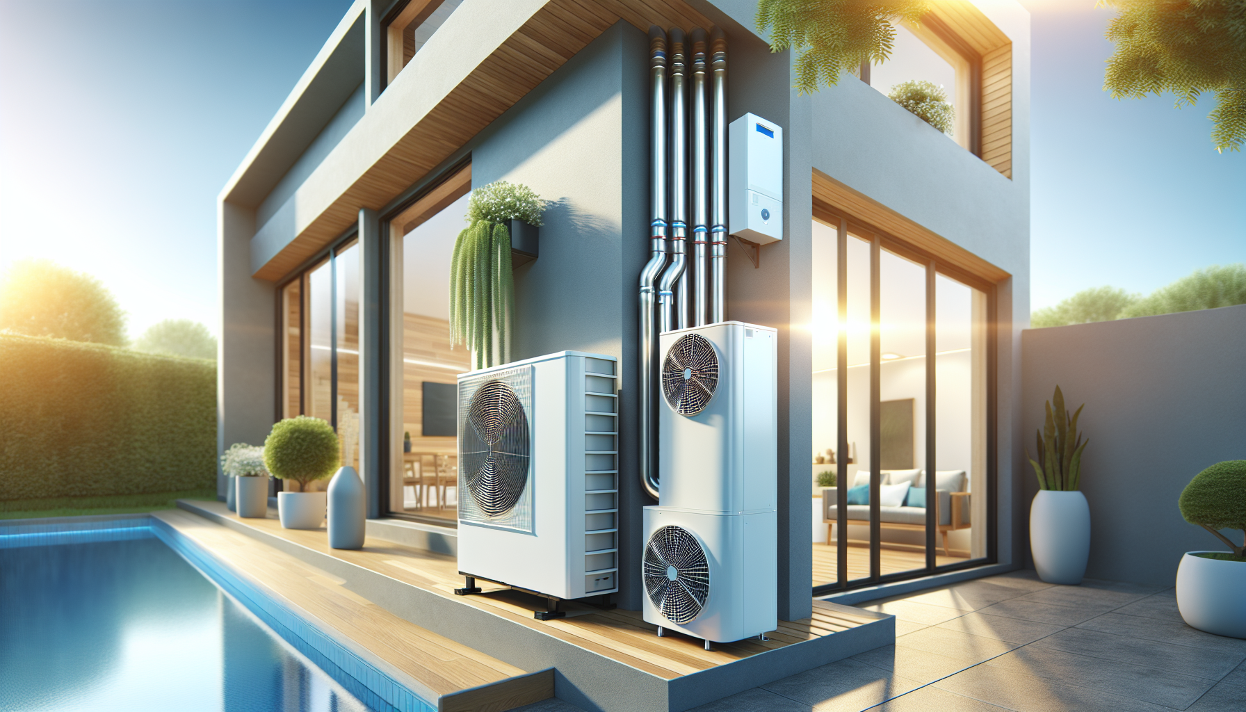 Modern heat pump system with indoor and outdoor units installed on home